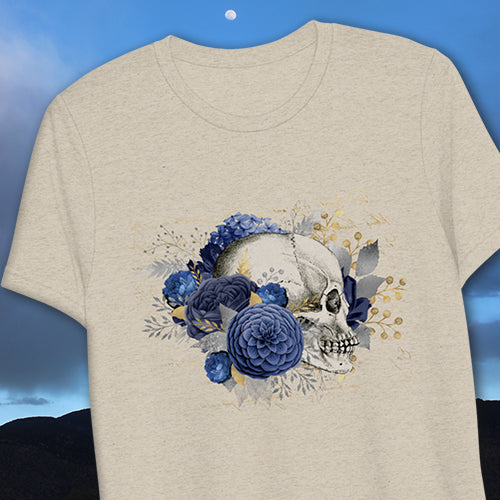 T-shirt Triblend Short Sleeve MoonShine Skull with Blue Flowers